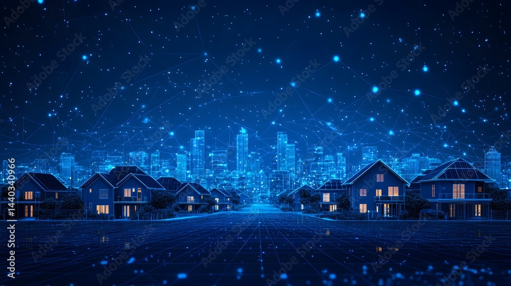Poster Futuristic blue cityscape featuring suburban houses connected to a sprawling, data-linked metropolis. Glowing grid patterns enhance the technological atmosphere. Abstract wireframe in dark blue.