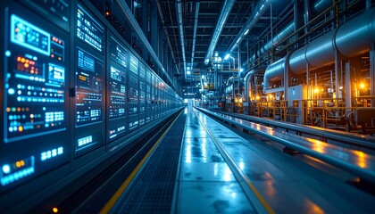 Industrial Control Room Advanced Digital Panel and Machinery Displayed In Blue