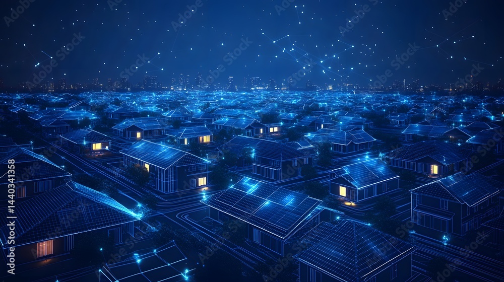 Aufkleber night aerial of suburbia glows with blue wireframe houses and warm window light, a stark contrast. c