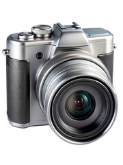 Silver digital camera with large lens on a white isolated background