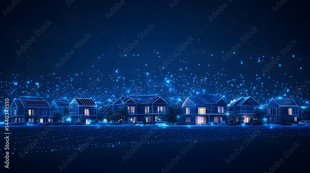 Aufkleber futuristic glowing wireframe houses depict a digitally connected neighborhood at night. lit windows 