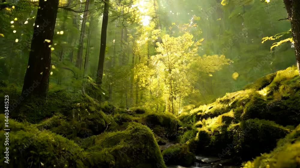 Wall mural golden sun rays stream through the dense forest canopy, illuminating the trees