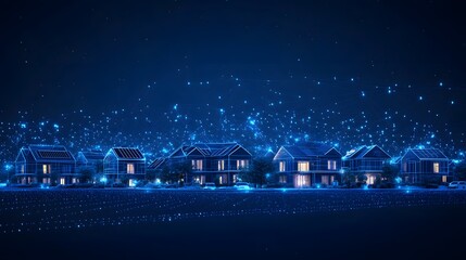 Futuristic glowing wireframe houses depict a digitally connected neighborhood at night. Lit windows and parked cars suggest a "smart" community. Abstract wireframe in dark blue.