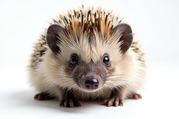 Naklejka premium Close-up of a hedgehog's face and spines against pure white backdrop, fauna, brown, face