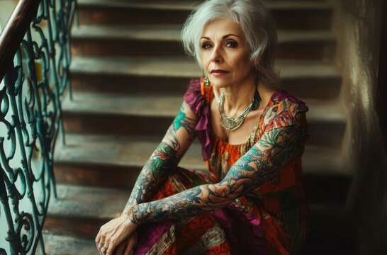 Senior woman with sleeve tattoos, vibrant dress, sitting peacefully on old staircase - Powered by Adobe