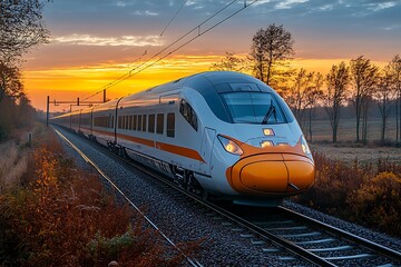 Fototapeta premium Modern high speed train arriving at sunset commuting through beautiful landscape