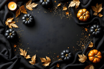 Black Background with Golden Pumpkins and Autumn Leaves, Halloween Concept
