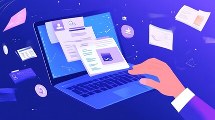 A businessmana??s hand engaged with a laptop, showcasing floating icons for documents, loans, and contracts, emphasizing digital case study writing services