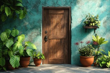 Fototapeta premium Exterior facade of a teal house with a wooden door and tropical plants.