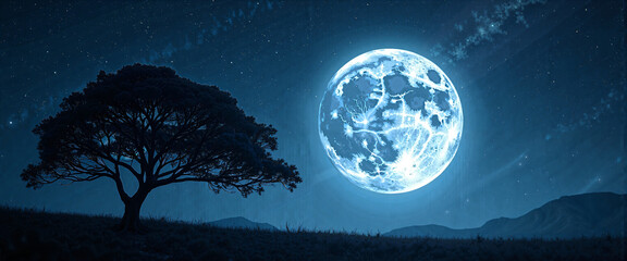 Majestic Full Moon Night Landscape Tree Silhouette Under Starry Sky