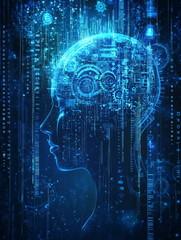 Obraz premium A glowing digital brain inside a human profile, surrounded by circuits and technological elements, symbolizing artificial intelligence and cognitive innovation