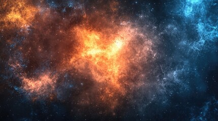 Naklejka premium Cosmic Nebula with Fiery Orange and Cool Blue Elements Amidst a Starry Background
