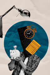 Pop art zine collage of anonym businesswoman businessman instead head office supplies keypad calculator clock deadline workload