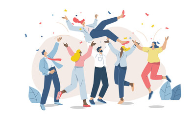 Business team success, Businessmen cheering, celebrating success and happy, Celebration of victory, Group of men and women friends throwing woman up in the air. Flat vector design illustration.