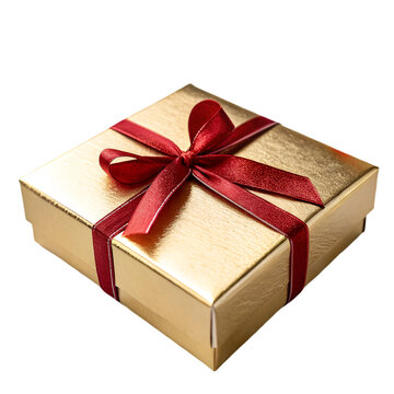 Gold Gift Box with Red Ribbon: Free Stock Photo isolated on transparent background