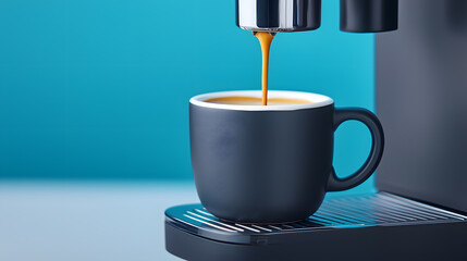 A close-up of fresh coffee being poured from a coffee machine into a cup