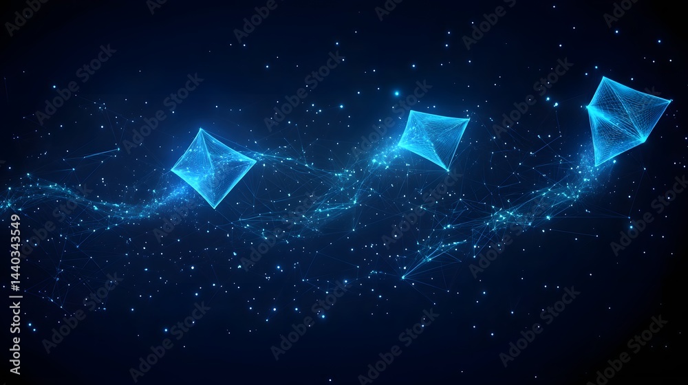 Poster futuristic network design with interconnected diamond wireframes against a starlit dark blue backdro