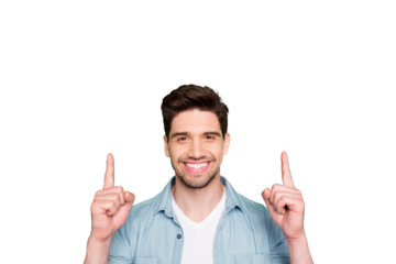 Photo of amazing guy indicating fingers up to empty space advising cool low shopping prices wear casual denim shirt isolated green color background