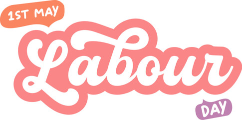 1 st may Happy Labour Day groovy pink sticker design isolated on white background. Labour day motto sticker, tag, retro label, banner, ribbon, label png with quote. 1 may international worker day