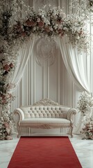 Elegant indoor setting with floral decor and a vintage sofa against a backdrop of white drapery and a red carpet