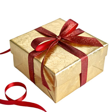Gold Gift Box with Red Ribbon: Holiday Present Image isolated on transparent background