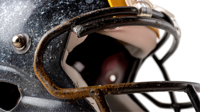 Close-up of a worn football helmet with visible scratches. transparent background