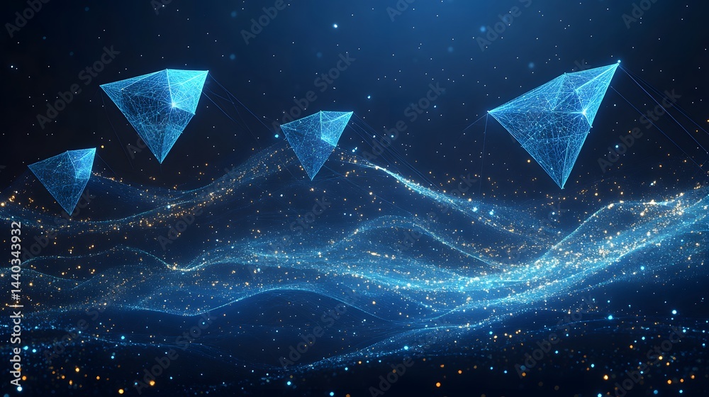 Aufkleber digital energy flows amidst starry dark blue. wireframe pyramids hover above shimmering waves of lig