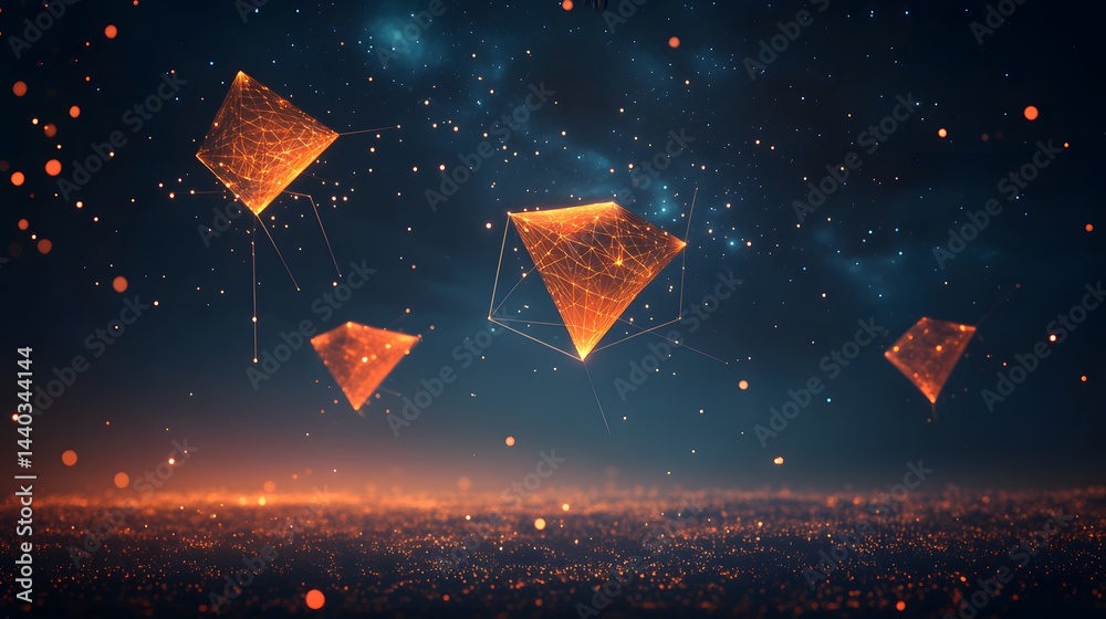 Aufkleber glowing geometric pyramids float in a star-filled sky, blending technology and fantasy. orange wiref