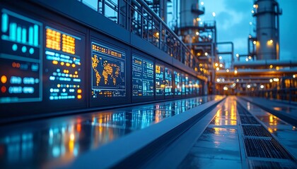 Fototapeta premium Night View Of Industrial Control Panels With Digital Displays Showing Data And