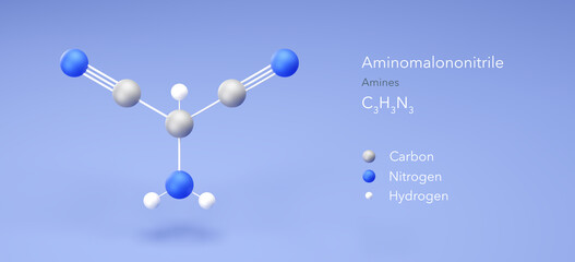 aminomalononitrile molecule, molecular structure, amines 3d model, Structural Chemical Formula and Atoms with Color Coding
