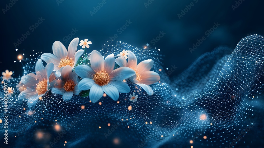 Poster Stylized flowers bloom above a digital grid, creating a futuristic yet natural scene. Luminous orbs enhance depth against the dark blue backdrop. Abstract wireframe in dark blue.