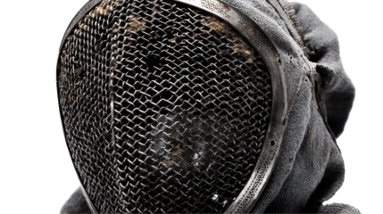 A close-up of a fencing mask used in competitive sports. transparent background