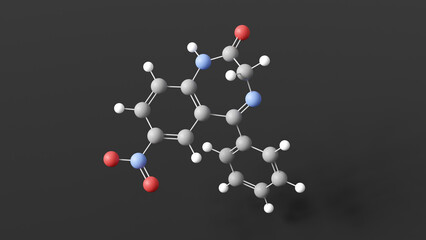 nitrazepam molecule 3d, molecular structure, ball and stick model, structural chemical formula hypnotic sedative