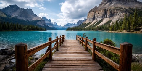 Naklejka premium Serene Mountain Lake Pier, Calm Turquoise Water, Peaceful Scenery, Ideal for Tourism, Relaxation, or Photography