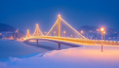 Fototapeta premium Illuminated cable-stayed bridge spans snowy waterfront at twilight