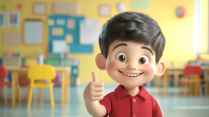 Student, A cartoon boy is giving a thumbs up in a classroom