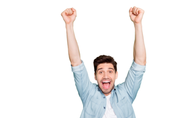 Photo of amazing crazy guy yelling loudly celebrating favorite football team victory raise fists up wear casual denim shirt isolated green color background