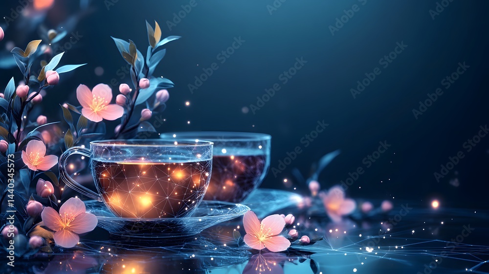 Poster elegant teacups filled with glowing liquid are adorned with floral accents against a dark blue backd