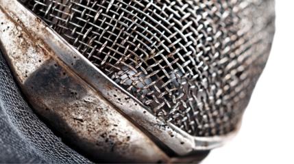 Close-up of a vintage fencing mask showing intricate details. transparent background