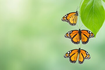 Fototapeta premium Three orange butterflies with black markings rest vertically on a vibrant green leaf against a blurred green background