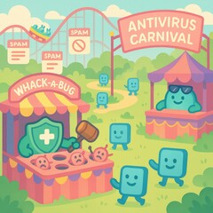 A whimsical cartoon-style carnival scene featuring happy blue data characters enjoying the &ldquo;Antivirus Carnival&rdquo; with booths like &ldquo;Whack-a-Bug,&rdquo; where a shield character hammers cartoon virus bugs.