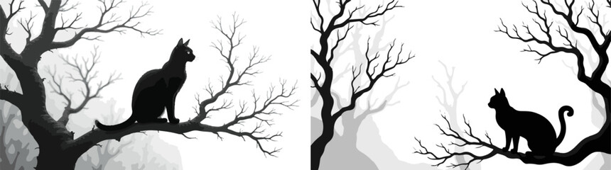 Black Cats on Bare Branches in a Misty Forest