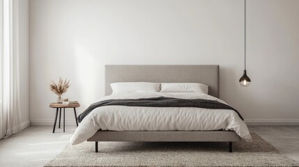 Serene Minimalist Bedroom Design: Modern Neutral Decor, Cozy Ambiance, and Tranquil Atmosphere