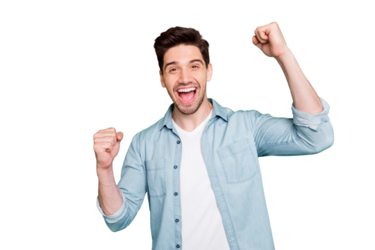 Photo of handsome screaming shouting crazy man rejoicing about his victory at local contests isolated over green color vivid background