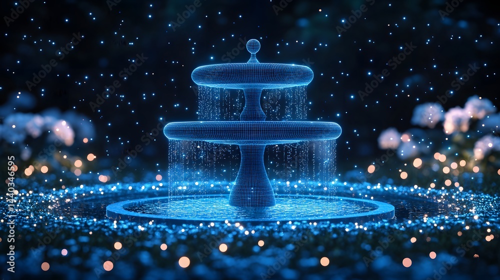 Aufkleber a mesmerizing wireframe fountain glows blue, water cascading down its tiered levels. sparkling orbs 