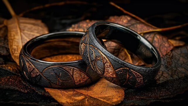 Two dark tungsten rings with intricate patterns.