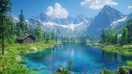 Fototapeta premium Picturesque alpine lake nestled amongst towering mountains, a small cabin sits by the shore. Lush vegetation and serene surroundings