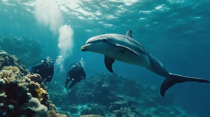 Underwater Encounter: Divers and Dolphin in Vibrant Coral Reef