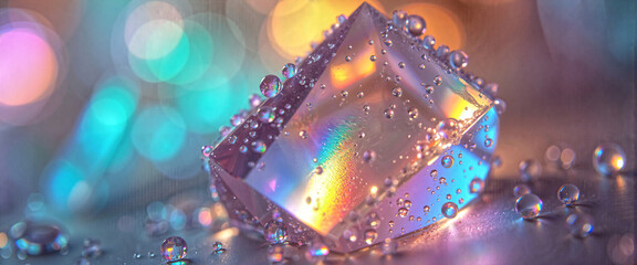Iridescent Crystal Prism with Water Drops Abstract Macro Photography Bokeh Background