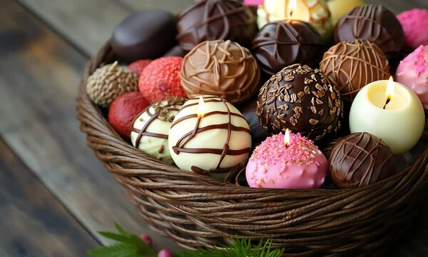 Assorted gourmet chocolate truffles in a wicker basket
